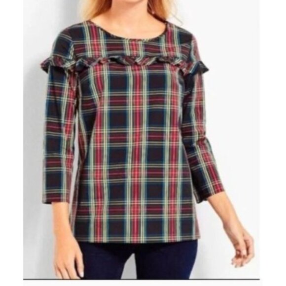Talbots Womens Stewart Plaid Poplin  3/4 Sleeve top blouse size medium new $89 - Picture 1 of 14